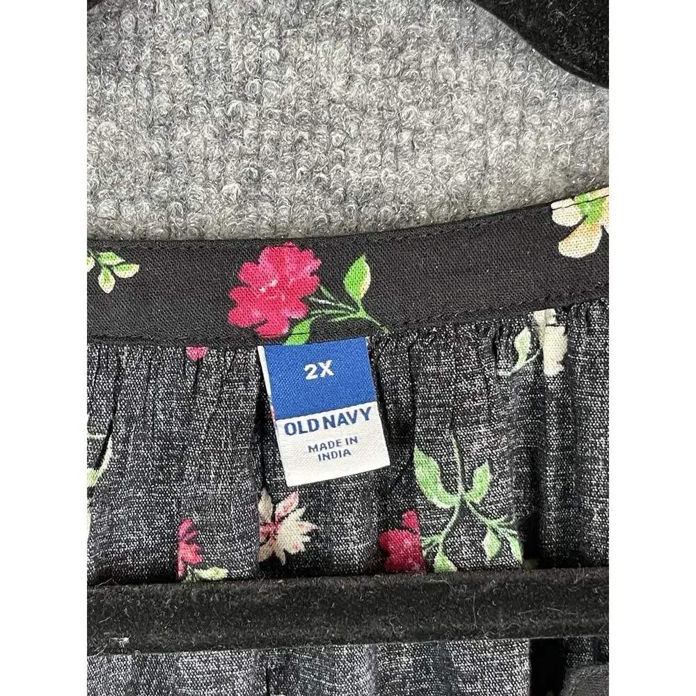 Old Navy Blouse 2X Plus Dark‎ Floral Boho Flowy Puff Sleeve Tassel Peasant Tunic